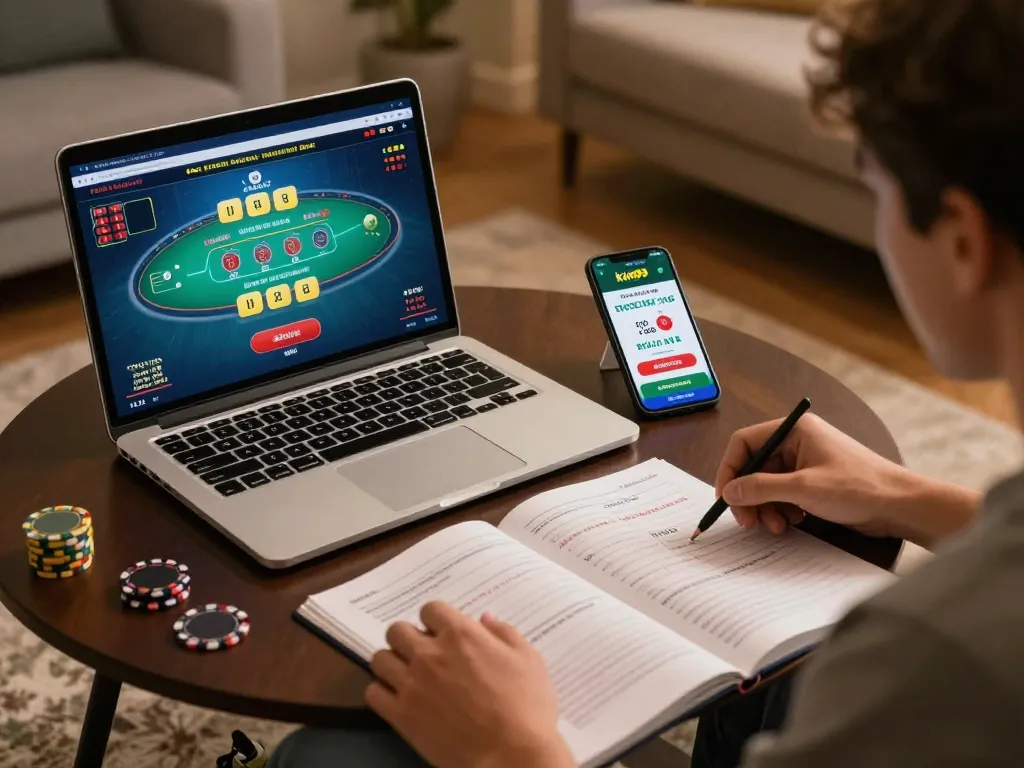 Player strategizing for kim99 baccarat game with laptop and smartphone in cozy home setting.