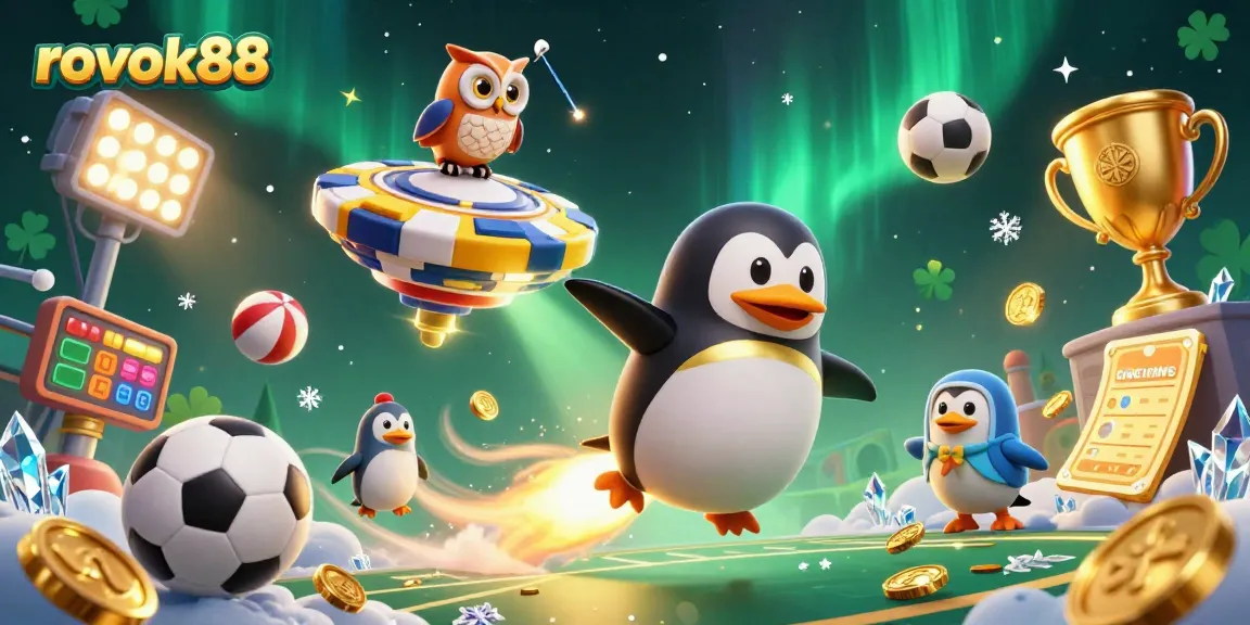 Engage in the thrills of rokok88 with a golden penguin racing towards a dynamic casino in space.