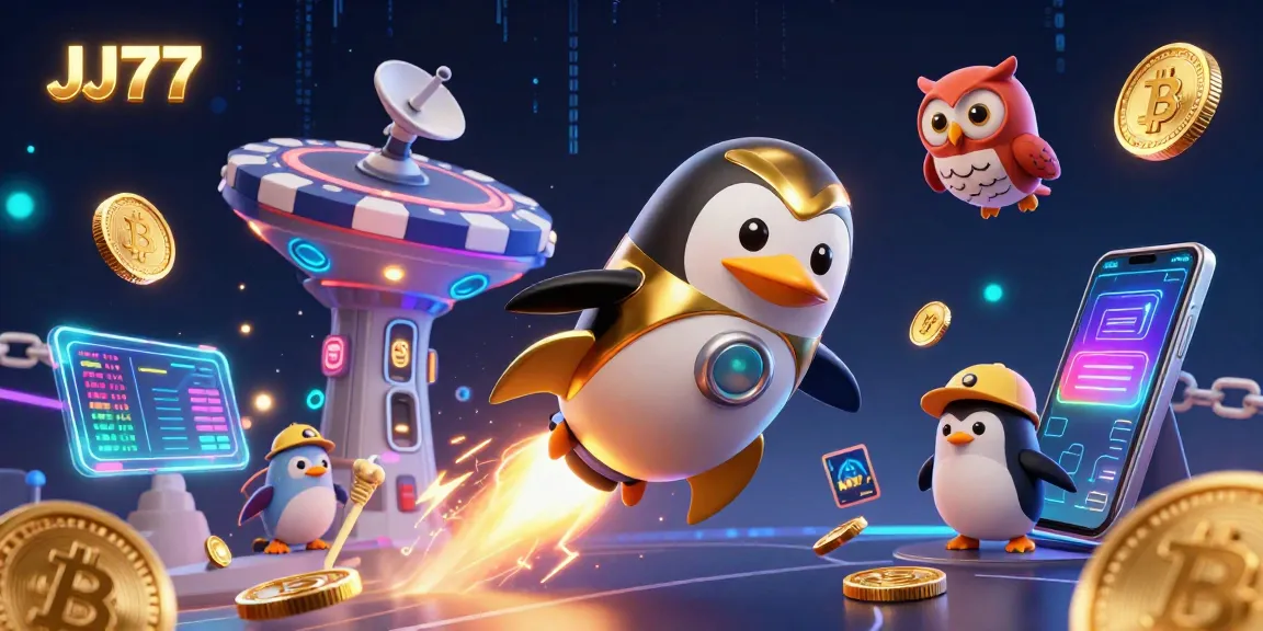 Join the JJ77 adventure with a golden penguin soaring towards a poker chip casino while collecting glowing coins.
