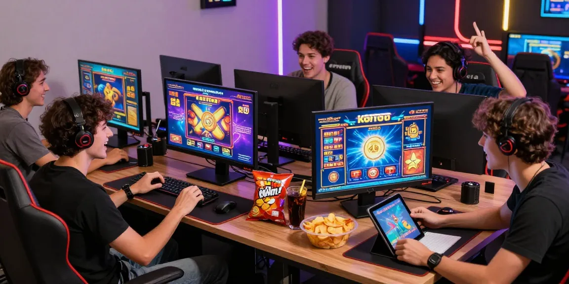 Friends enjoying a vibrant KOITOTO gaming session with multiple screens and snacks.