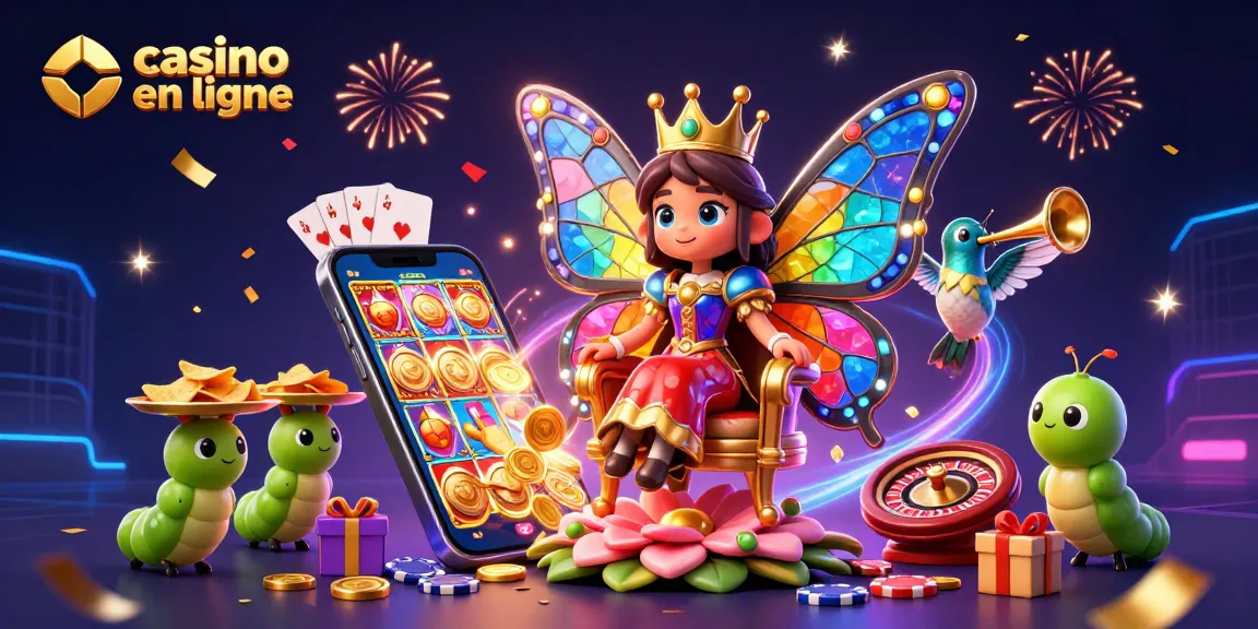 Jouez à casino en ligne avec une reine papillon colorée entourée de jetons et de jeux.