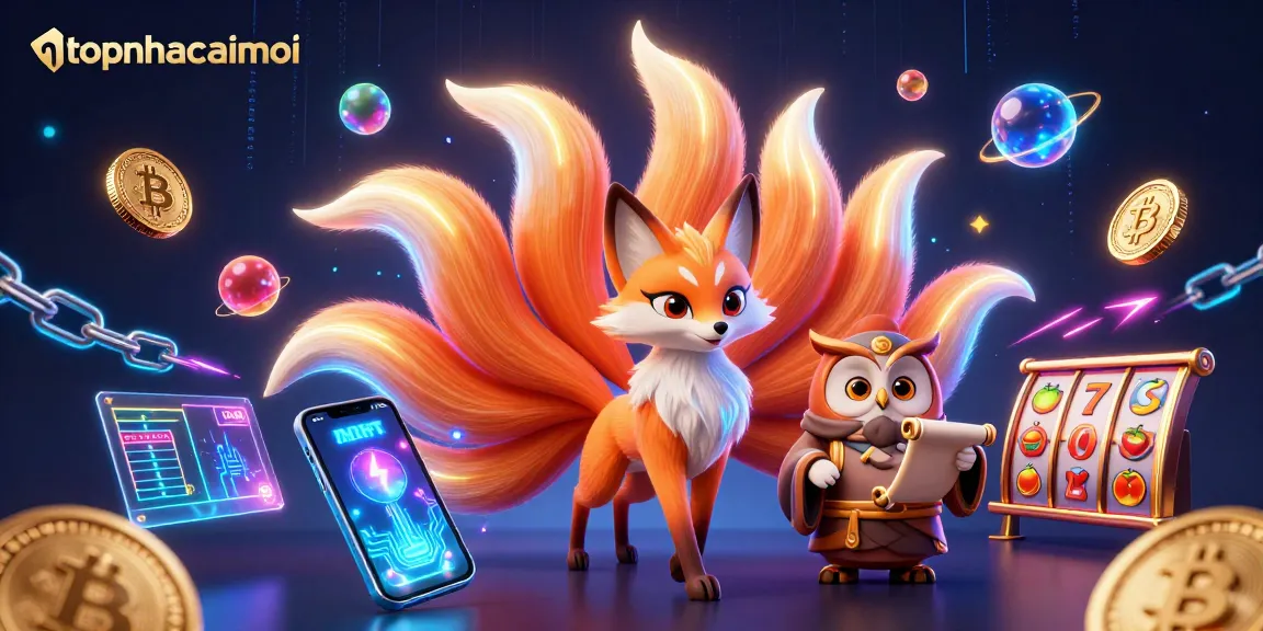 Engage with topnhacaimoi as colorful spirits and cryptocurrency icons create a dynamic casino atmosphere.