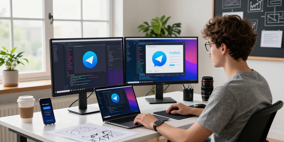 Young developer coding on a dual-monitor setup at a stylish workspace, showcasing 纸飞机中文版 interface for 2026.