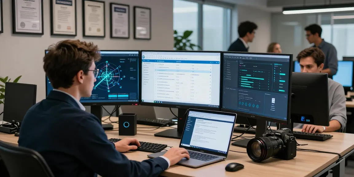 cyber essentials assessor analyzing compliance metrics in a high-tech office environment