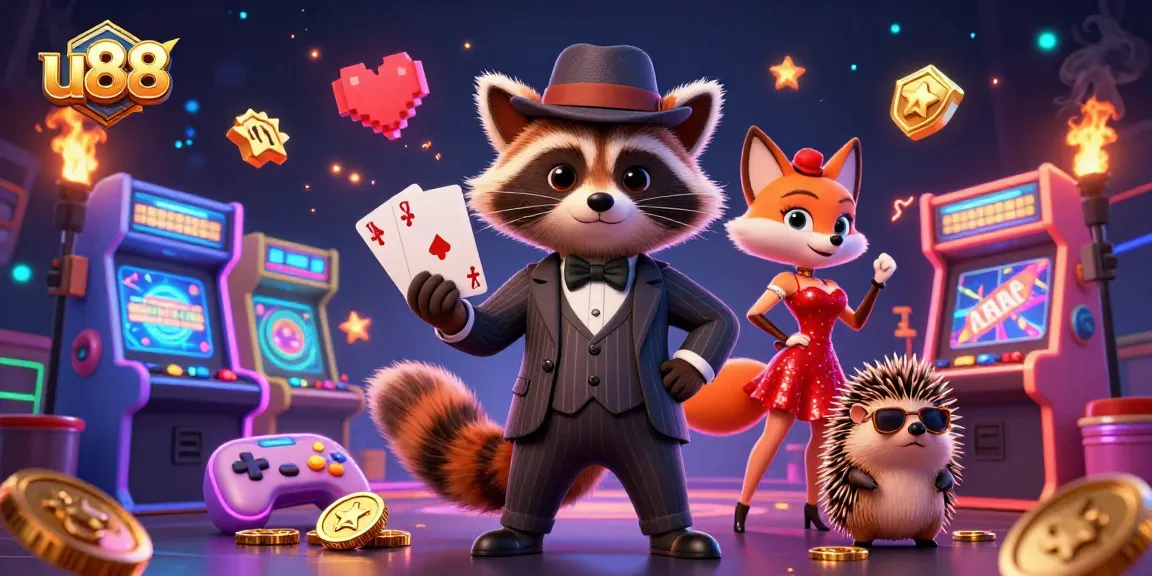 Engage with u88 online gaming through thrilling 3D casino scenes featuring raccoon, fox, and hedgehog characters.