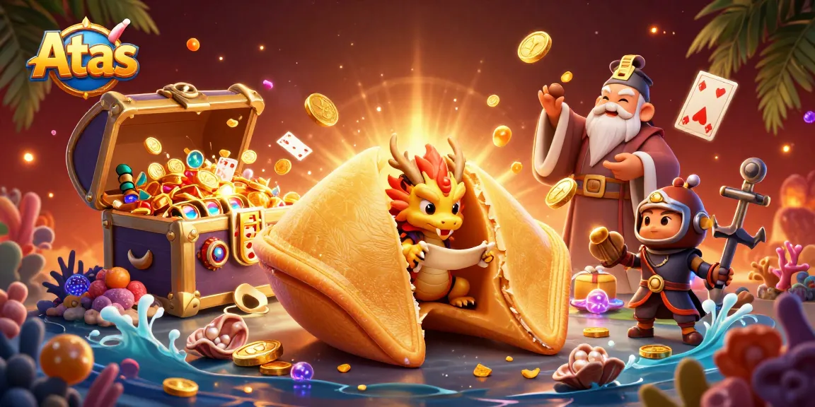 Win big at Atas Casino with a vibrant 3D illustration showcasing fortune cookies, golden treasures, and lively gaming elements.
