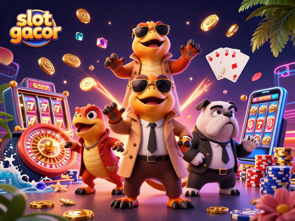 Experience the thrill of slot gacor with animated raptors entering a vibrant casino scene.