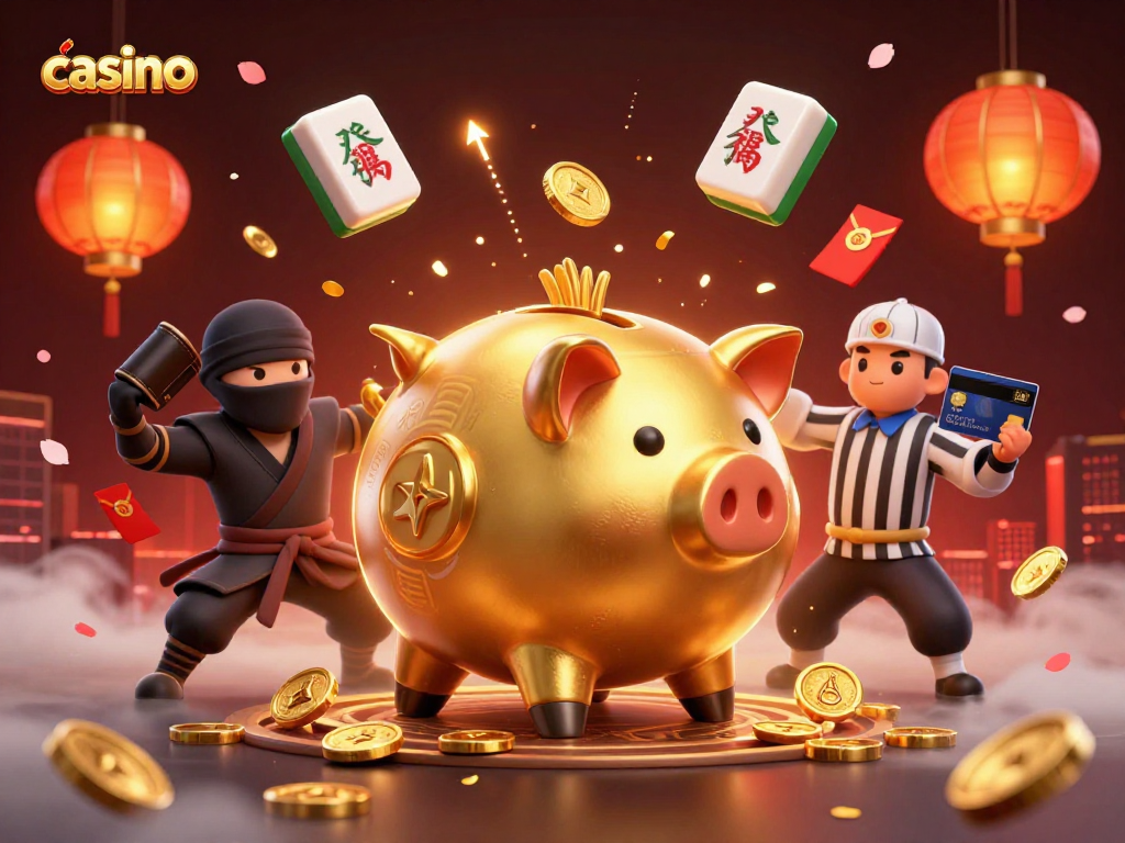 Casino action scene featuring a golden piggy bank sumo wrestler, wallet ninja, and credit card samurai surrounded by vibrant gambling elements.