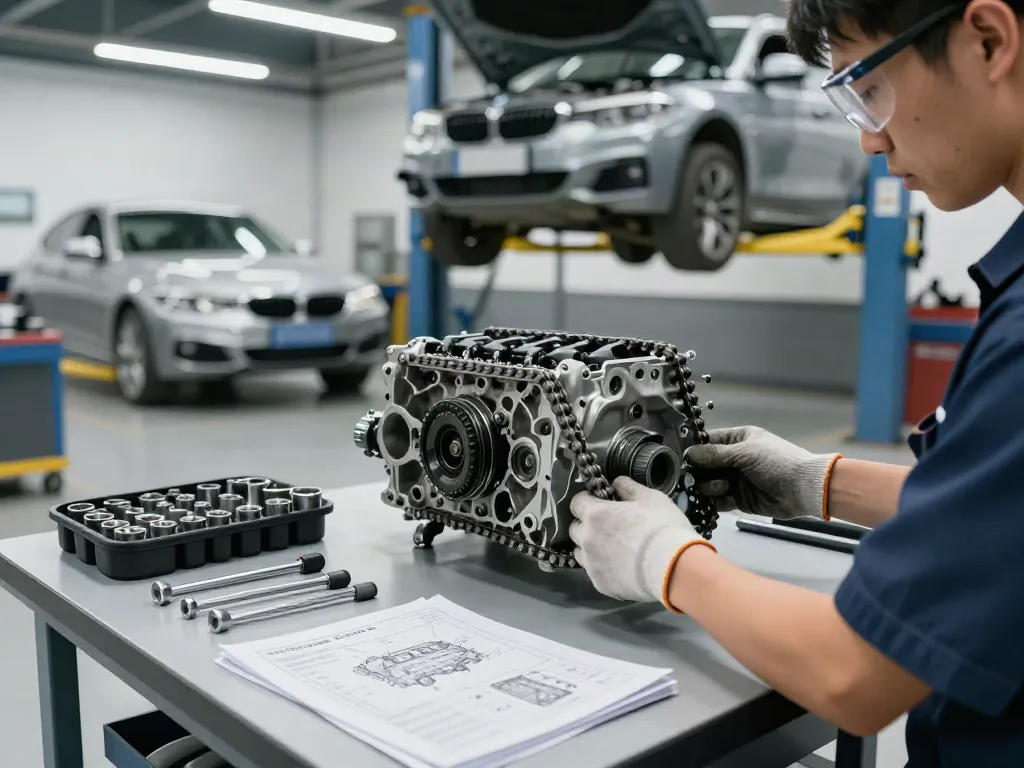 Professioneller Mechaniker prüft die BMW Steuerkette in Hannover, moderne Werkstatt mit organisierten Werkzeugen.