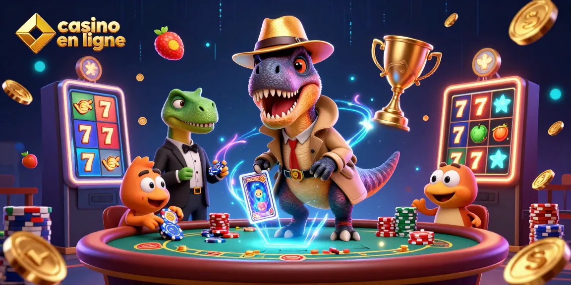 Chips de casino en ligne s'envolant autour d'un velociraptor à une table de blackjack.