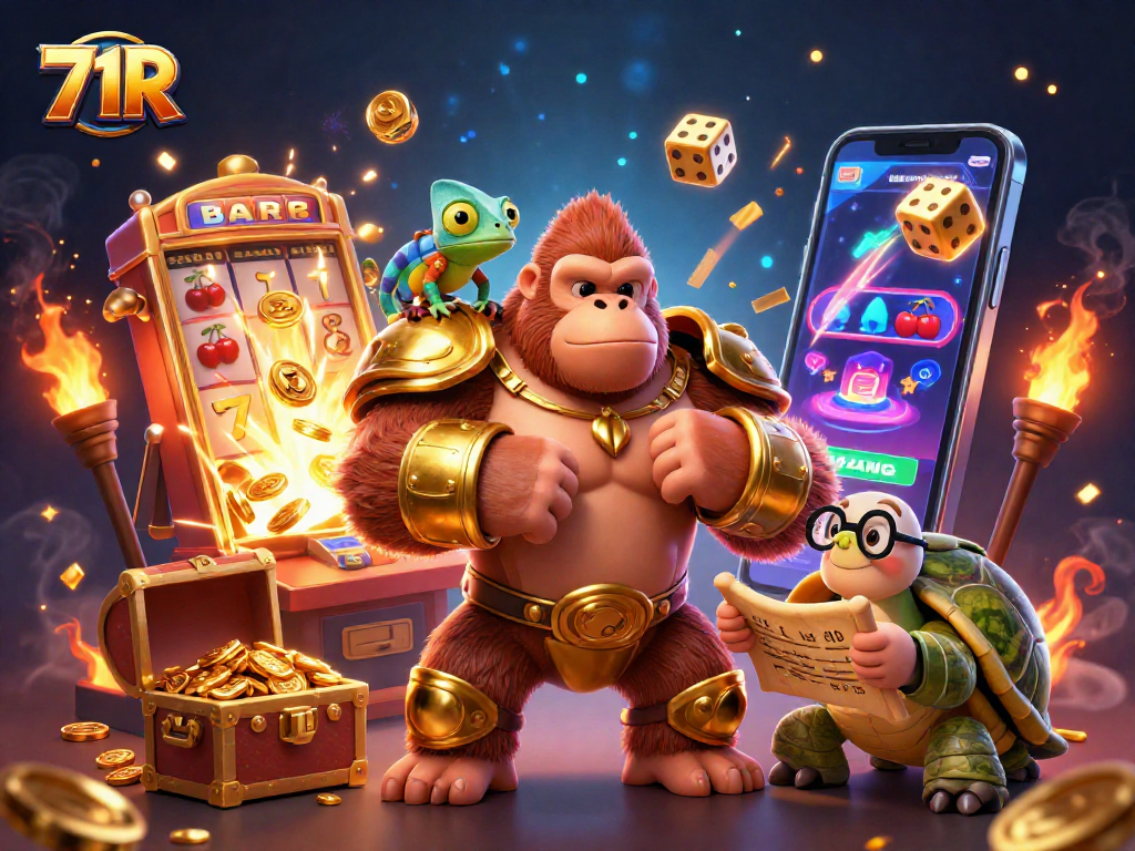 Ilustração 3D vibrante da 71R com um gorila e símbolos de cassino, promovendo jogos emocionantes.
