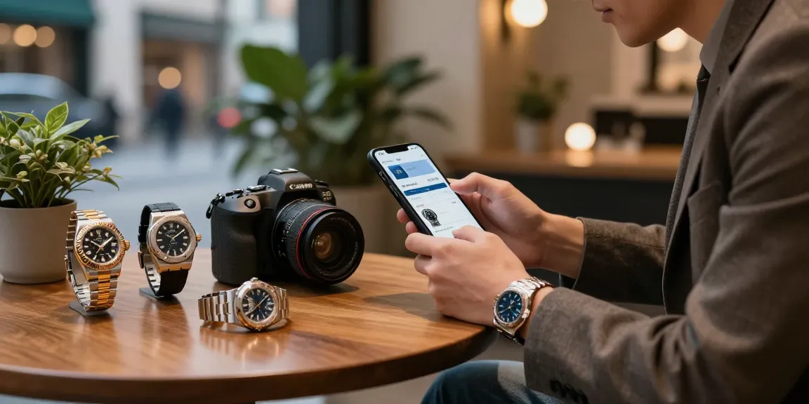 Replica watches displayed elegantly on a table, showcasing luxury brands in an inviting urban setting.