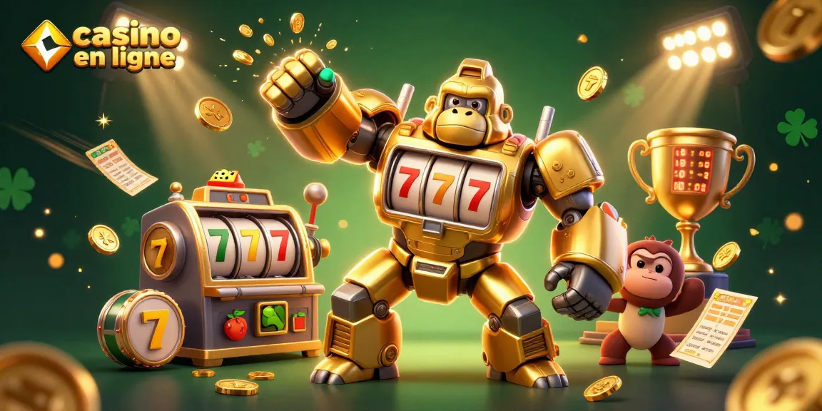 Le casino en ligne propose une illustration dynamique avec un gorille en mécha au milieu des jeux de machines à sous, symbolisant le jackpot.