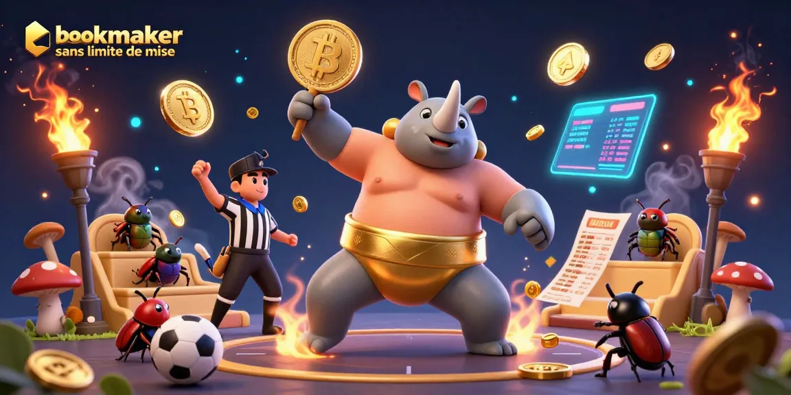 Miser sur un bookmaker sans limite de mise rempli d'actions, de pièces dorées et de trophées sportifs.