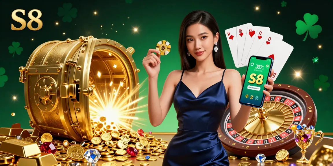 S8 Casino app displayed on a smartphone, showcasing a confident woman holding a golden chip amidst a vibrant gambling scene.