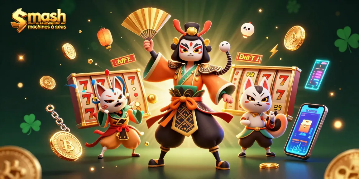 Visuel captivant illustrant les machines à sous Smash Casino avec des personnages de cinéma en 3D et des éléments de jeu numérique.