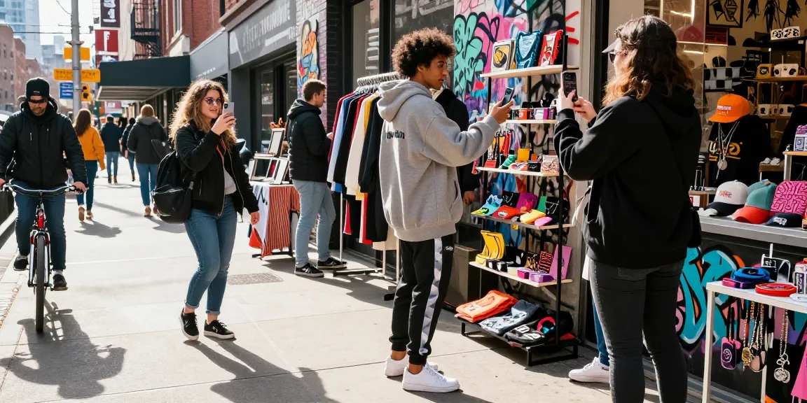 Voghion urban fashion scene showcasing trendy apparel and accessories in vibrant city setting.