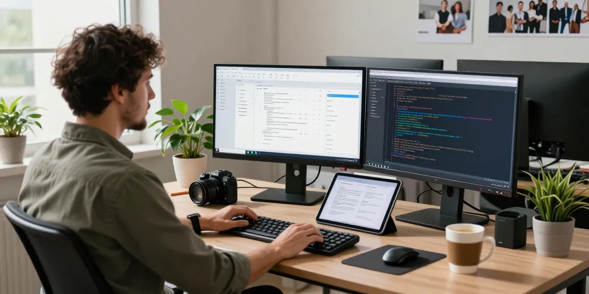 Innovative workspace featuring RTIscheduler.co.uk software on dual monitors, showcasing a modern tech environment.