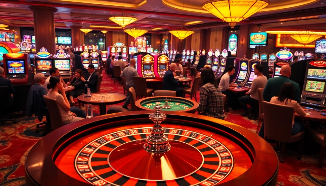 Engaging scene of players at a Non gamstop casino Uk roulette table with vibrant slot machines.