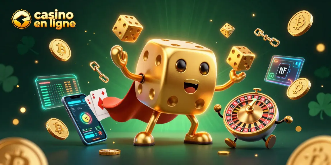 Jouer sur un casino en ligne avec un golem de dés dorés, des pièces de crypto et des lumières vives.