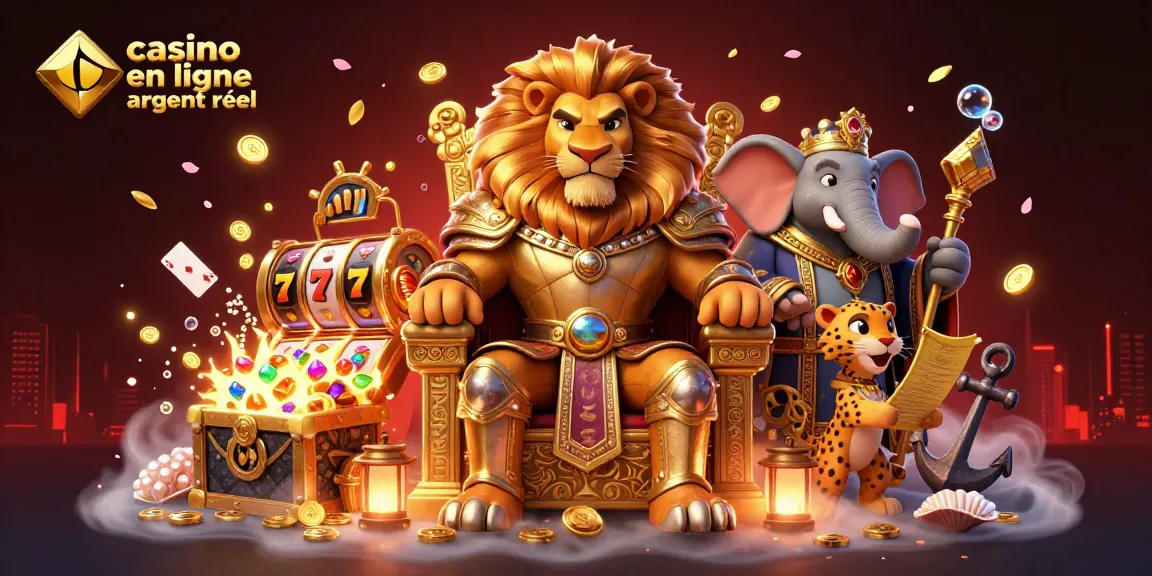 Illustration dynamique d'un lion roi et ses conseillers dans un casino, jouez dans un casino en ligne argent réel.