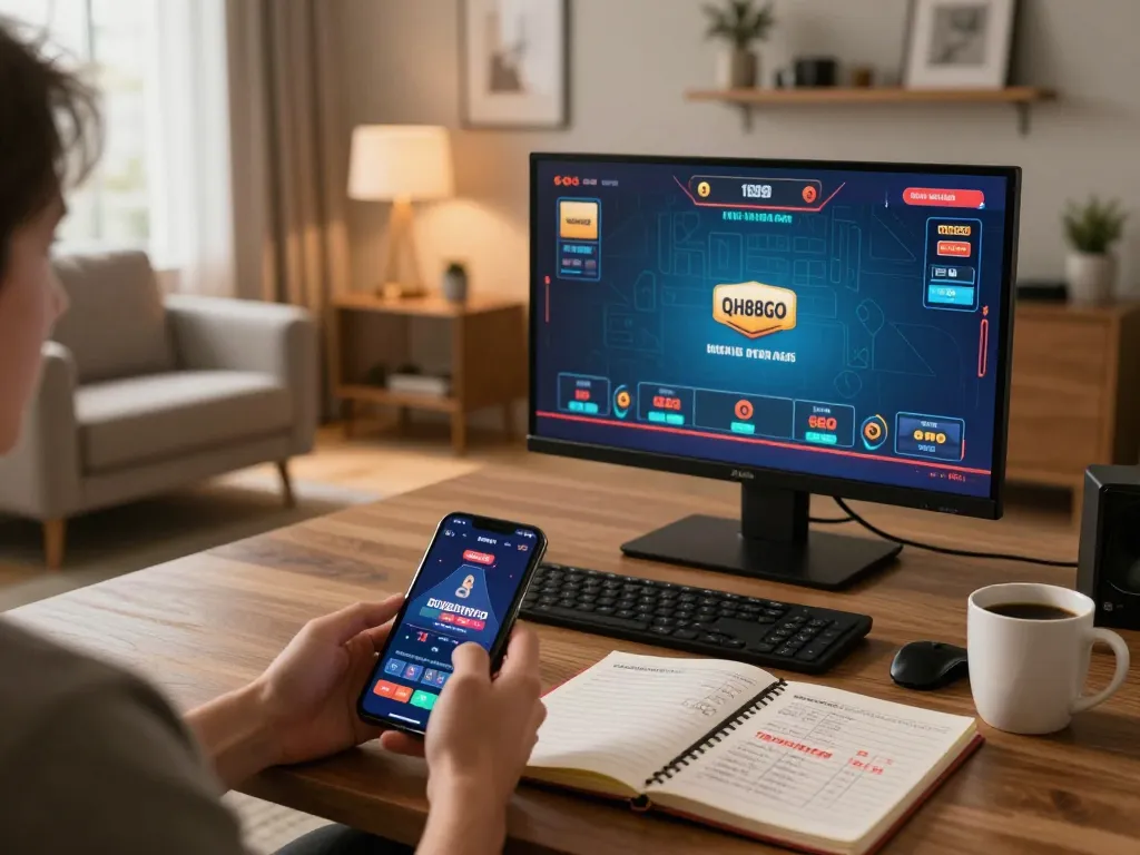 Player engages with the qh88go app for live casino gaming at home, showcasing a cozy environment.