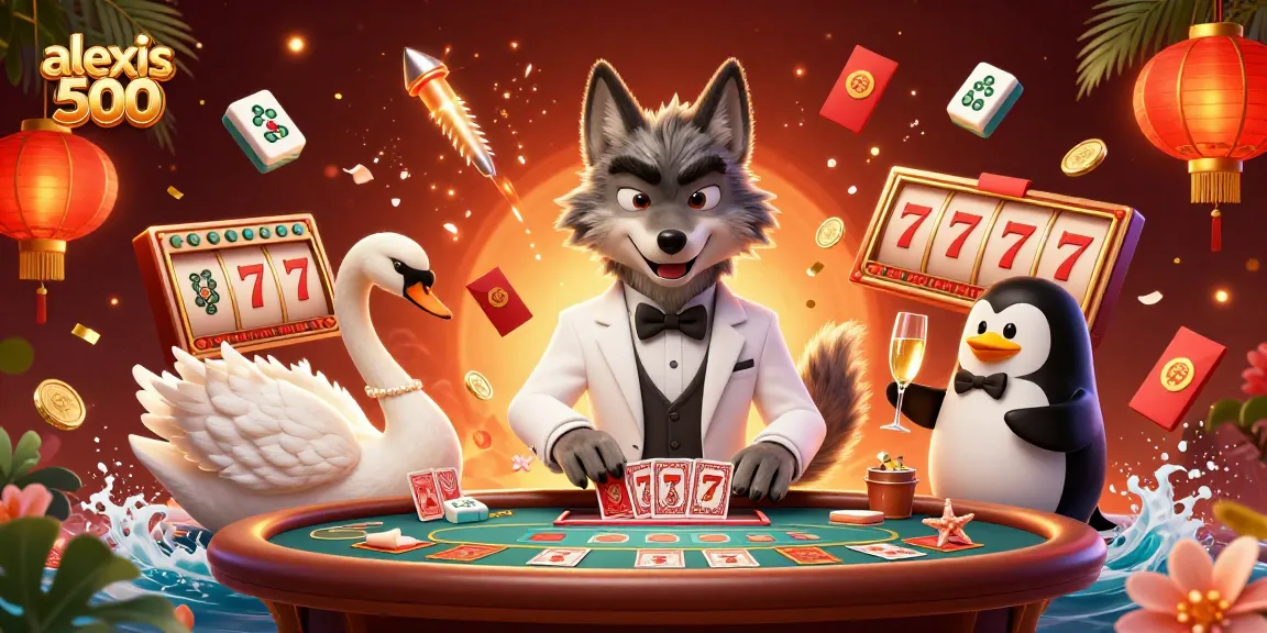 Experience the excitement of alexis 500 with a vibrant casino scene featuring a debonair wolf, elegant swan, and classy penguin.