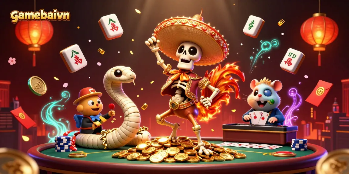 Engage in poker action at gamebaivn with a vibrant casino scene featuring a dancing mariachi rooster and lively elements.