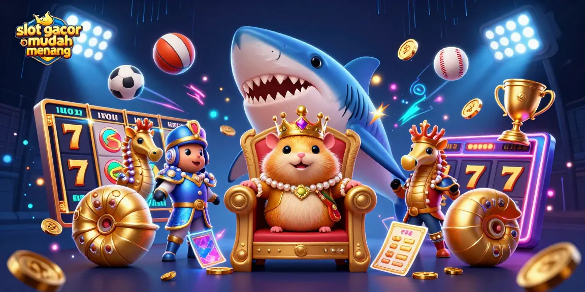 Temukan slot gacor mudah menang dengan ilustrasi 3D memperlihatkan raja hamster emas di singgasana yang dikelilingi elemen permainan slot.