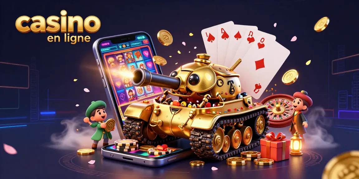 Illustration entraînante de casino en ligne avec un tank en forme de scarabée doré dévoilant un casino miniature.