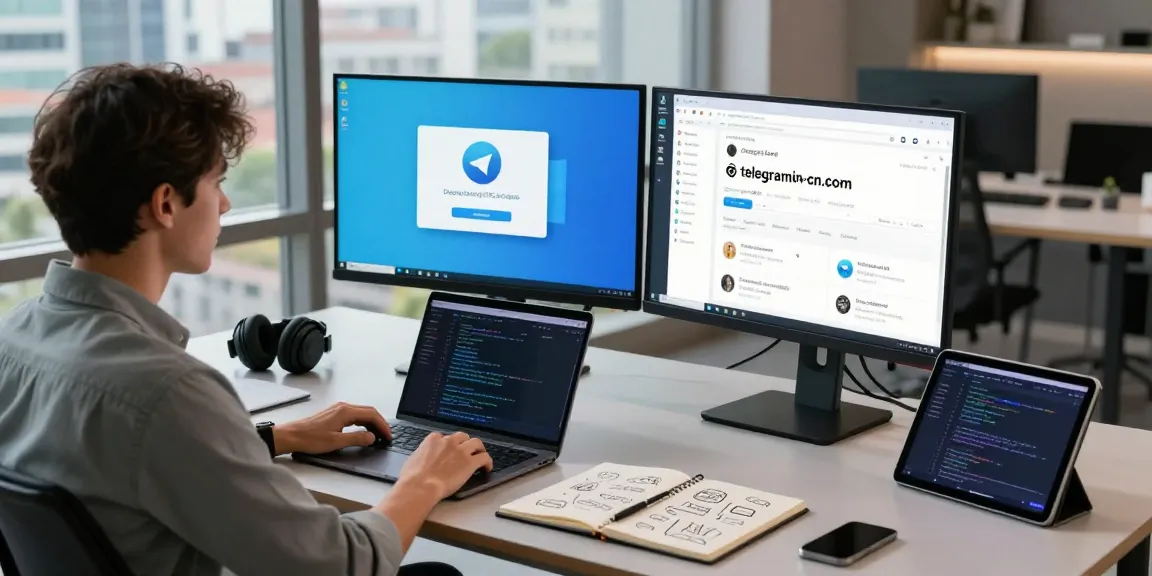 Individual engaged with telegramin-cn.com on dual monitors in a sleek modern workspace