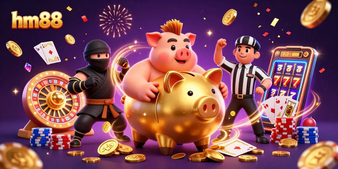 Experience the excitement of hm88 with a grand 3D casino scene featuring a golden sumo wrestler and vibrant gambling elements.