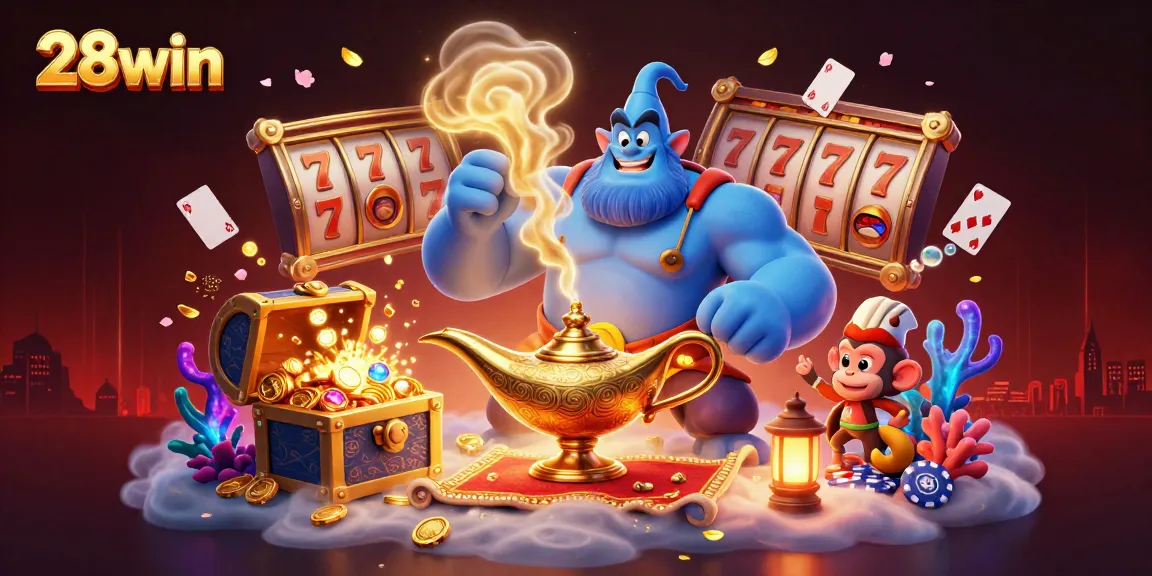 Play immersive casino games with 28win’s exciting characters and vibrant treasure-filled scene.