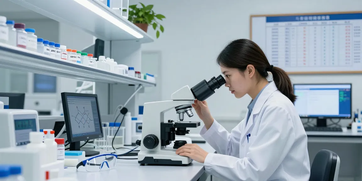 Swiss Chems researcher analyzing peptides in a bright lab setting with high-tech equipment.