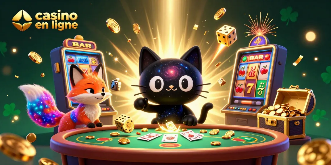 Plongez dans l'univers du casino en ligne avec un chat noir trou noir et un renard nébuleux, entourés de machines à sous et de jetons dorés.