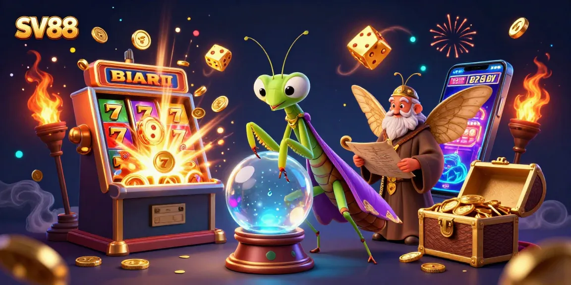 SV88 players spinning a mega slot machine amidst fortune tellers and golden coins