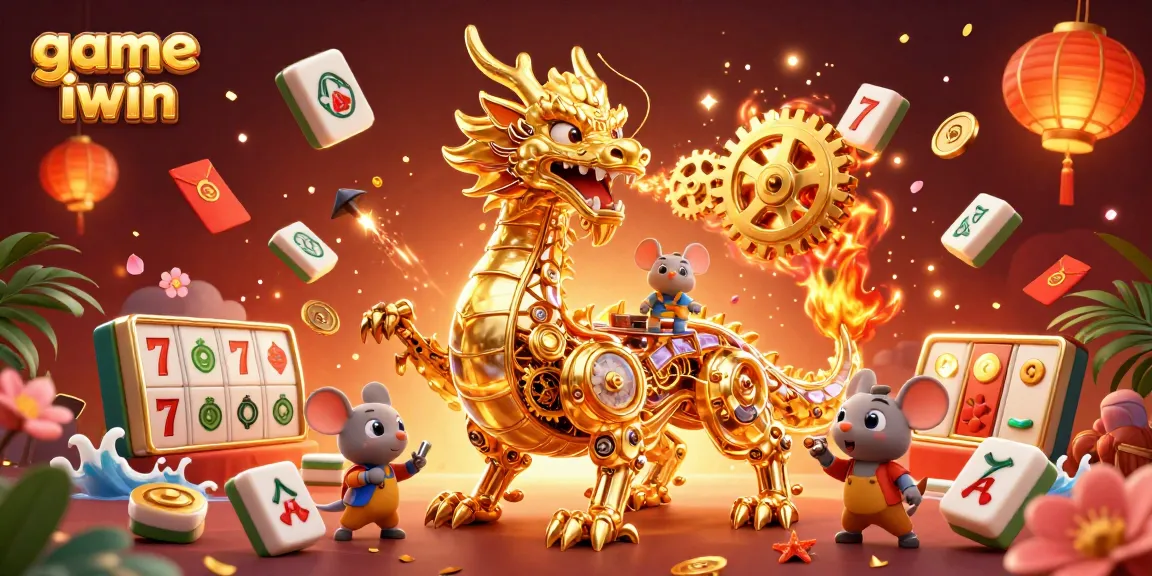 Engage with game iwin through an exciting 3D illustration of casino elements and a golden dragon.