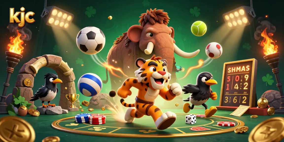 Experience the thrills at KJC online casino with engaging game elements like dynamic sports balls and vibrant gold coins.