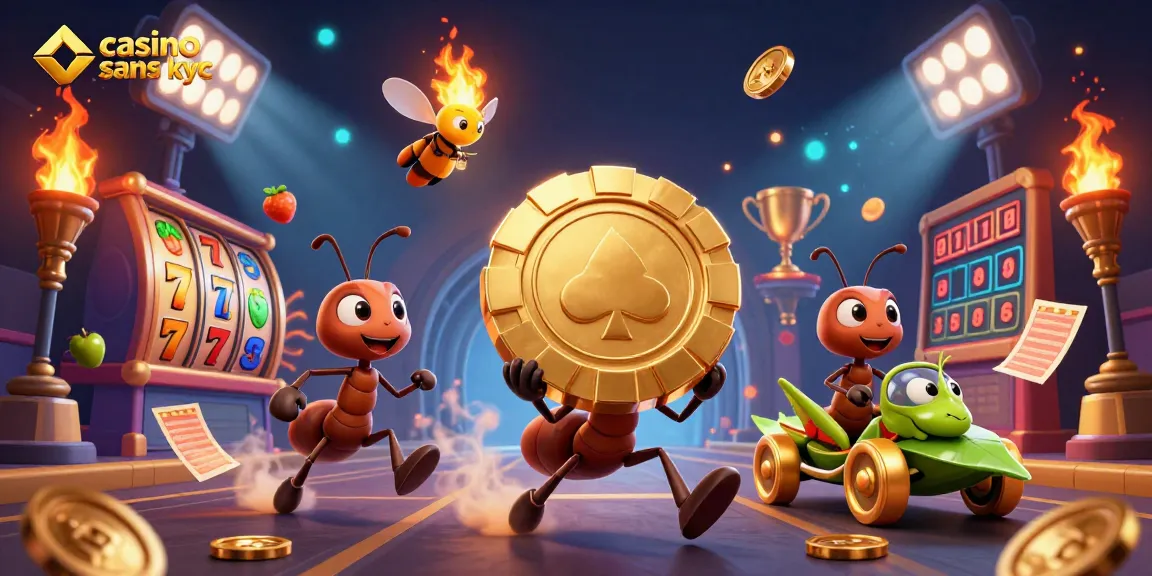 Jouez au casino sans KYC avec des fourmis et des éléments de jeu dorés dans une scène animée.