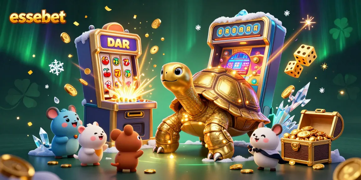 Experience the exciting essebet slot adventure featuring a colossal tortoise pinball machine and a jackpot explosion of coins.
