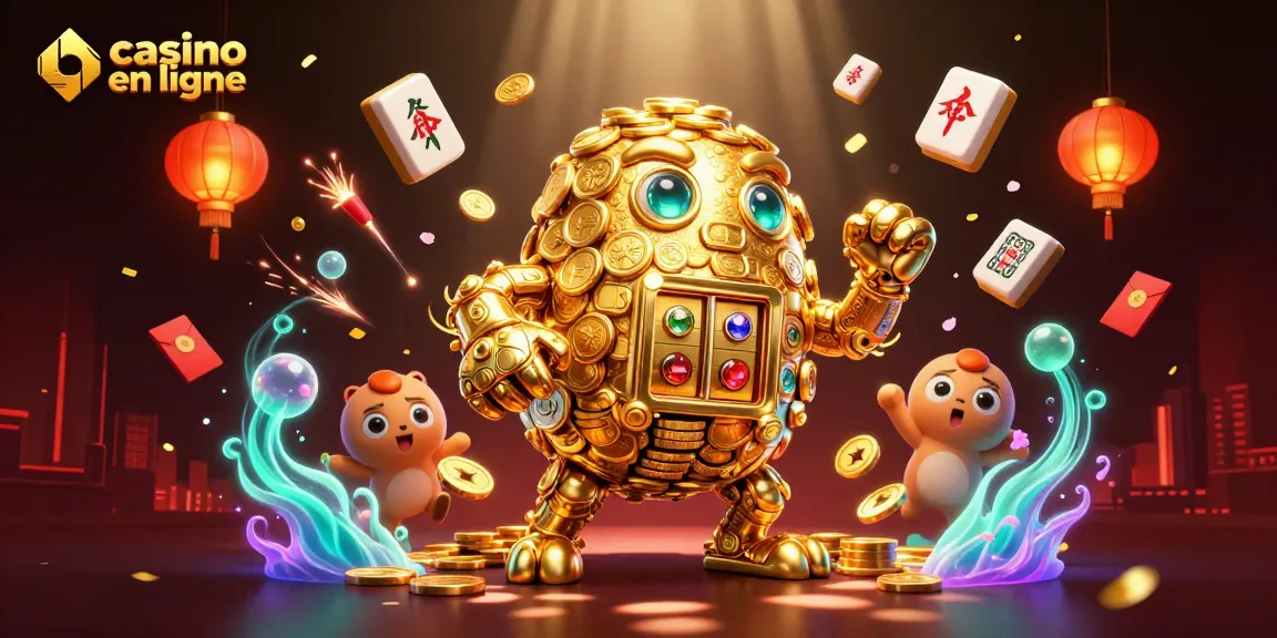 Jouer au casino en ligne avec un golem doré entouré de lanternes et de feux d'artifice.