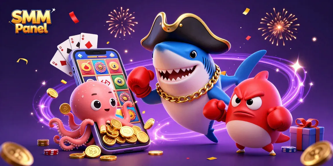 Engage with the SMM Panel for exhilarating social media growth, featuring a fun pirate shark, boxing pufferfish, and octopus with coins.