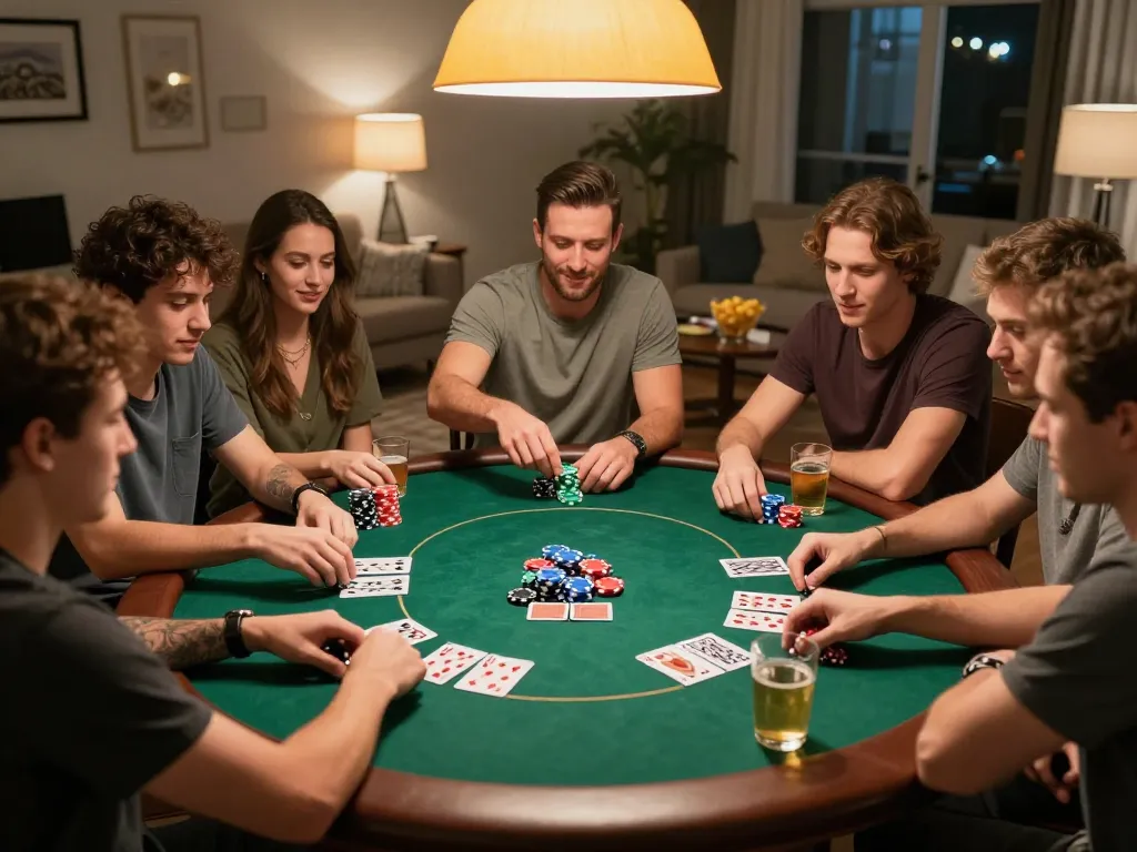 Alo8 players enjoying a thrilling home poker night with vibrant chips and warm lighting