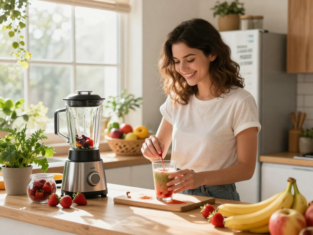 Preparing a smoothie using astaxanthin supplement Canada in a bright kitchen, promoting healthy living.