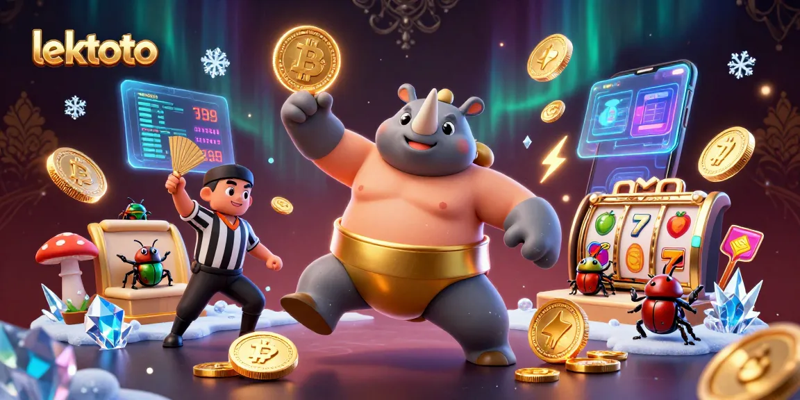Experience the thrill of lektoto with our vibrant 3D casino scene showcasing sumo beetles and crypto elements.