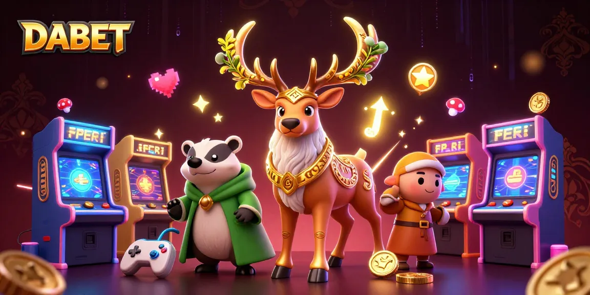 DABET showcases a vibrant casino scene with Celtic elements, arcade machines, and enchanting spirits.