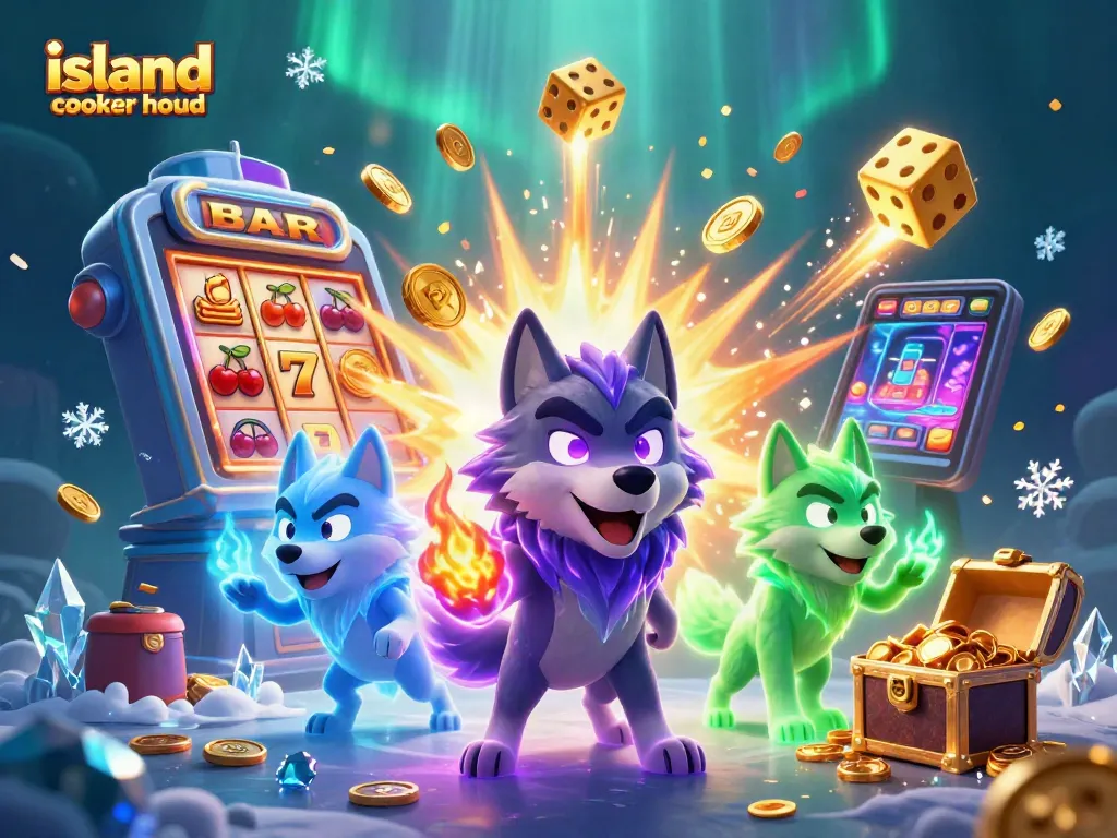 A dynamic scene featuring an island cooker hood amidst colorful casino elements like dices and slot symbols.