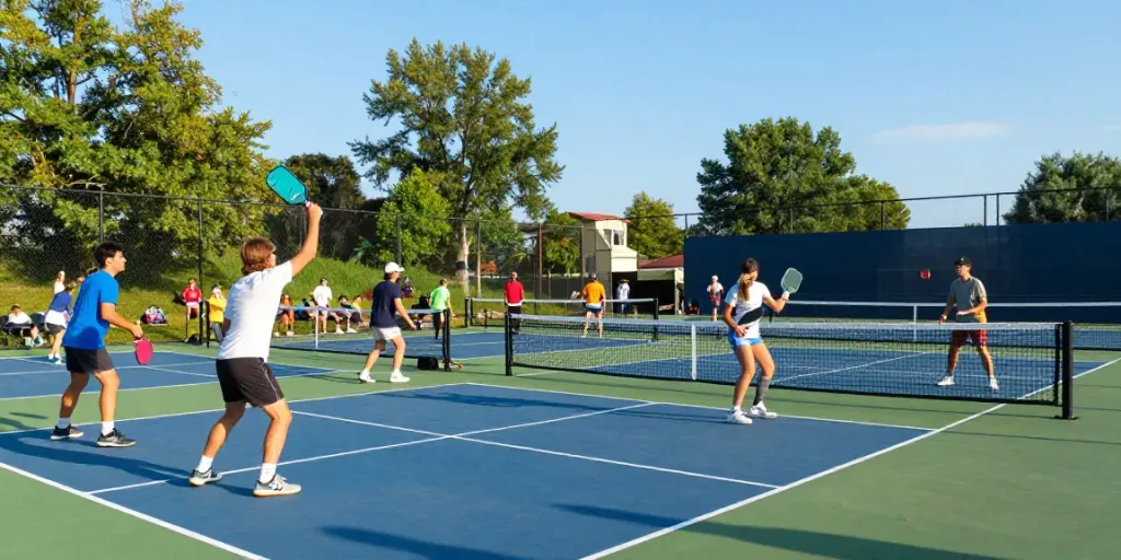 Competitive players using pickleball paddles on a sunny court.