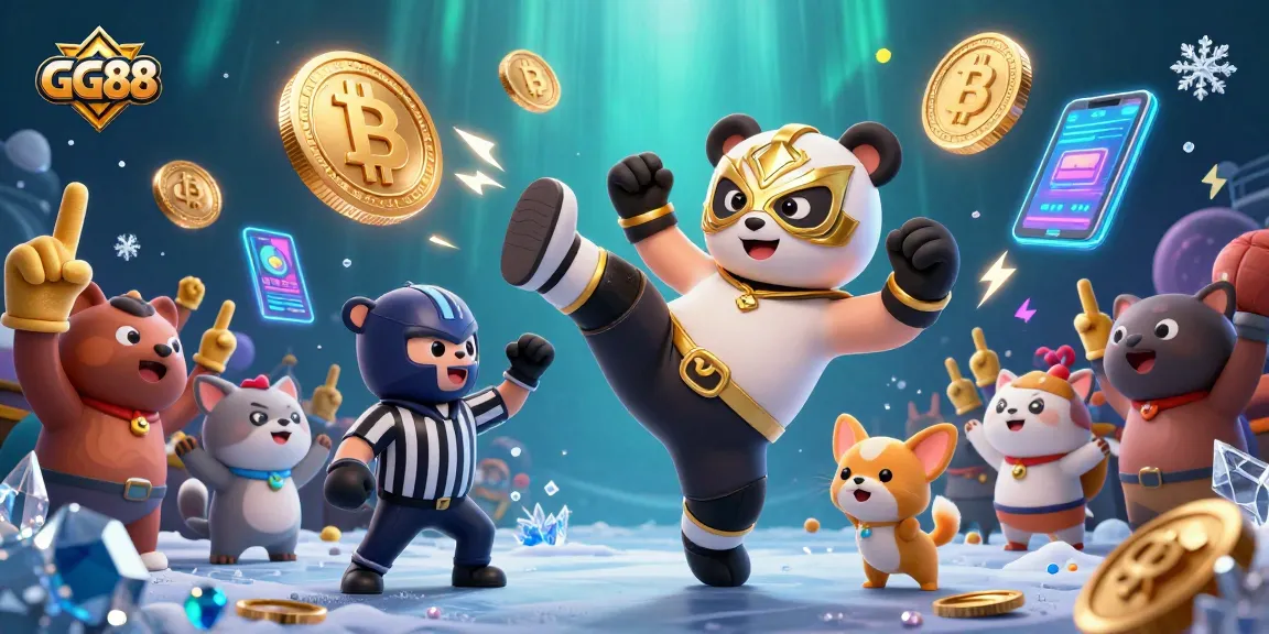 Engaging GG88 illustration showcasing a panda wrestler in action amid animated casino elements.