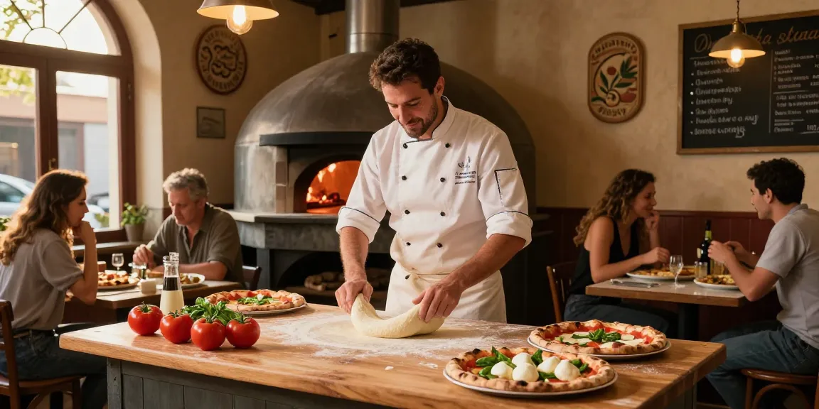 Chef creating pg soft pizza dough in a cozy pizzeria kitchen.